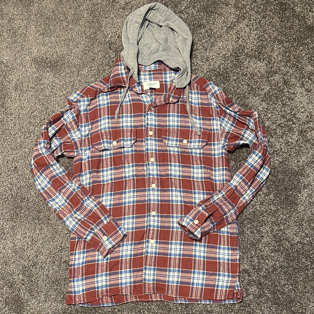 American Eagle Plaid Button-Up Shirt with Hood